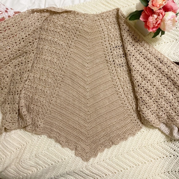 Hand Crochet Boho Tan Wrap Shawl - Picture 3 of 3